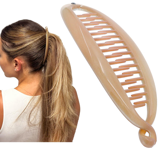 Camila Paris front view showing classic beige banana clip and secure hold