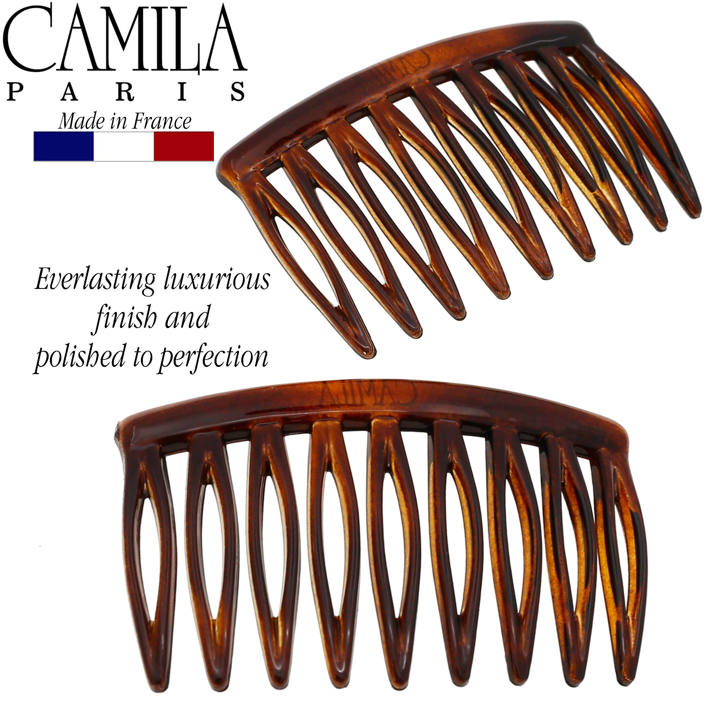 Camila Paris combs inserted in a French twist demonstrating secure, polished up-do