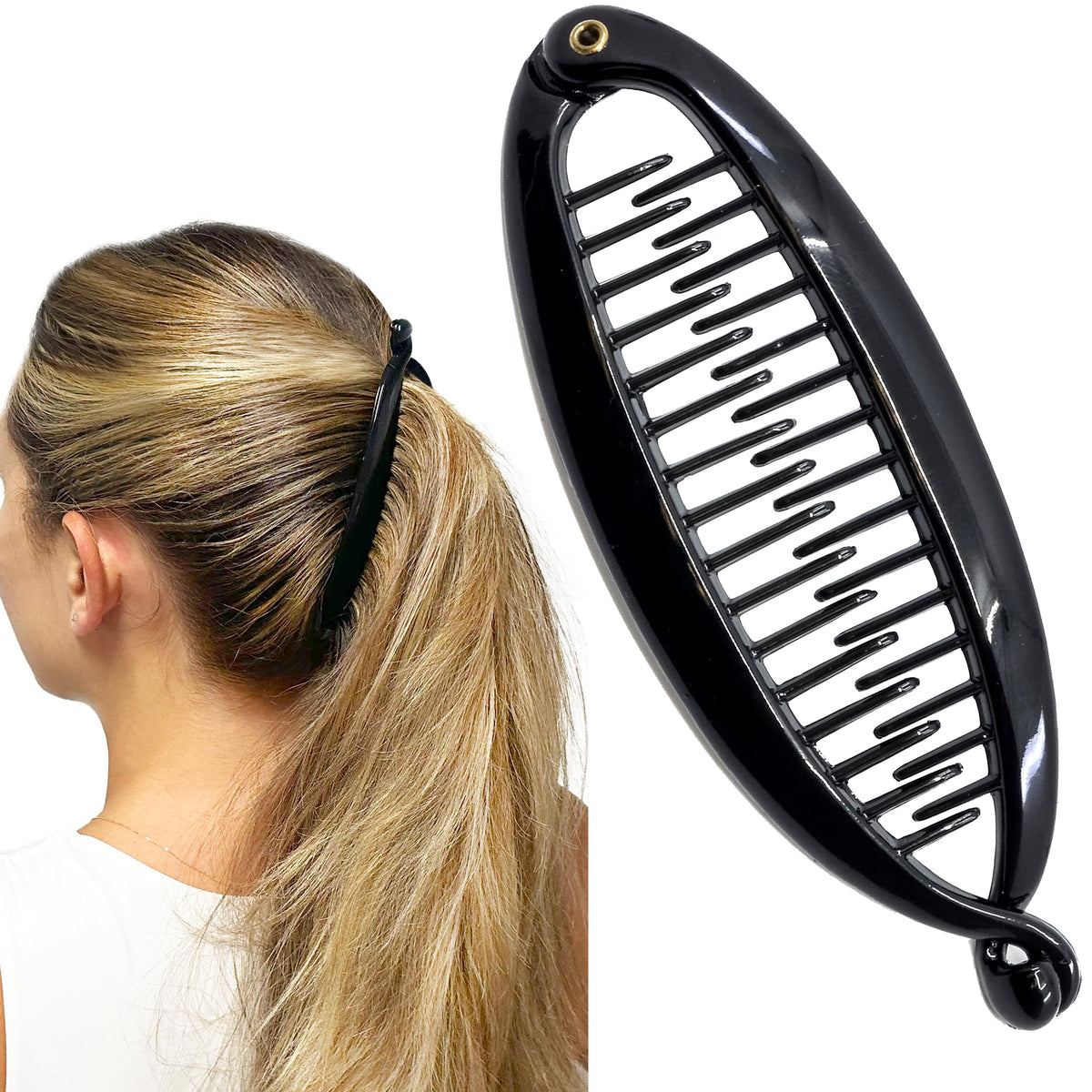 Camila Paris front view of banana clip showing smooth shape and firm hold