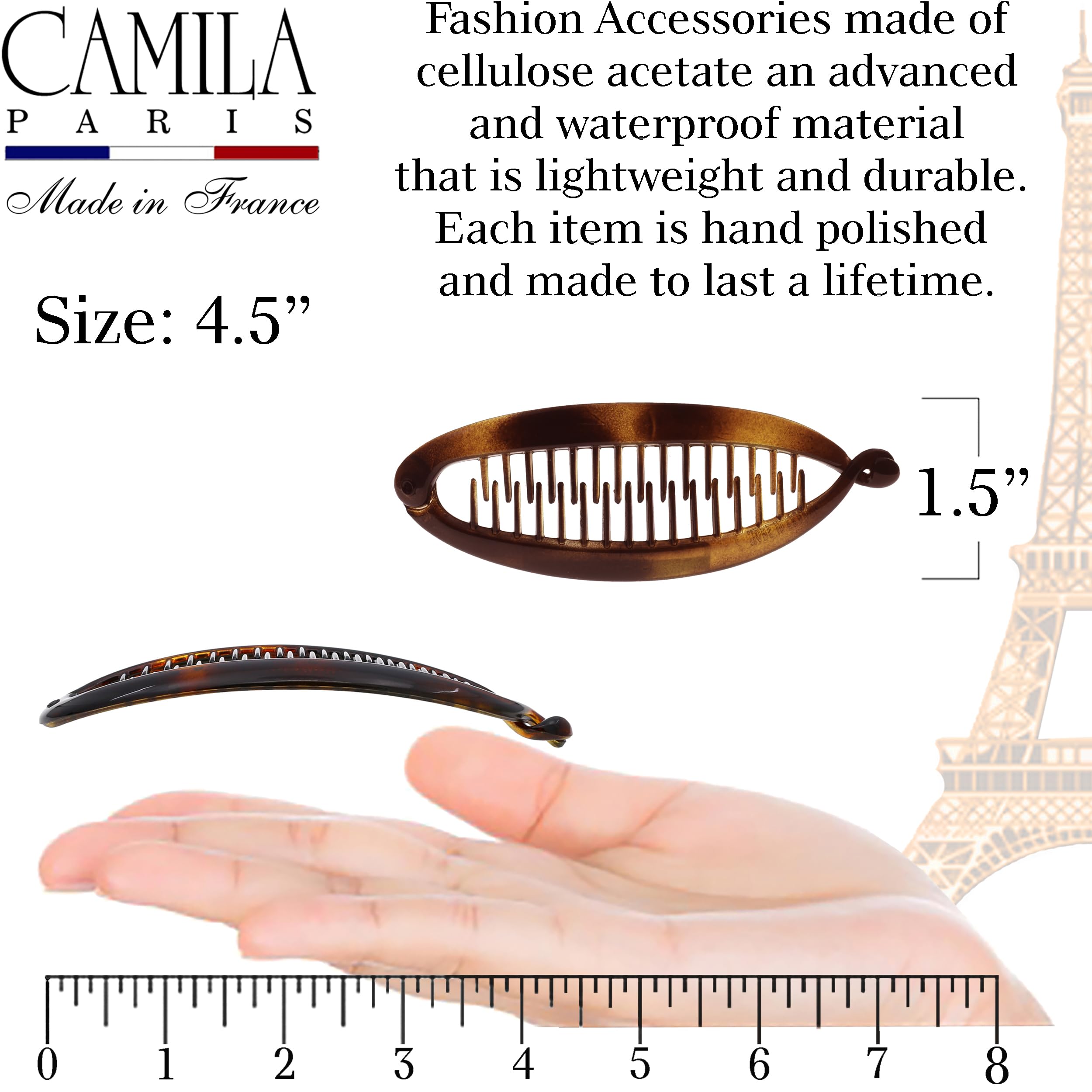 Camila Paris side profile showing curved fishtail shape for stable hold benefit