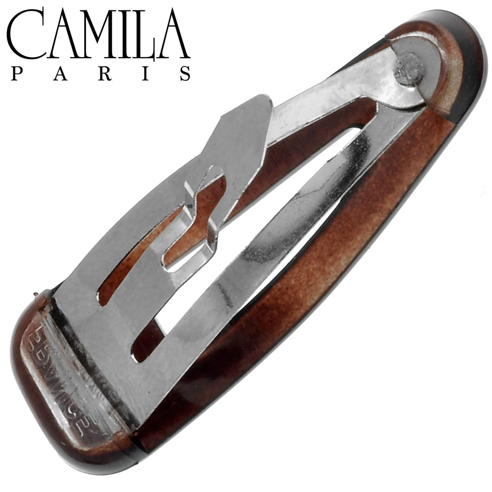 Camila Paris close side profile of metal snap closure demonstrating secure hold