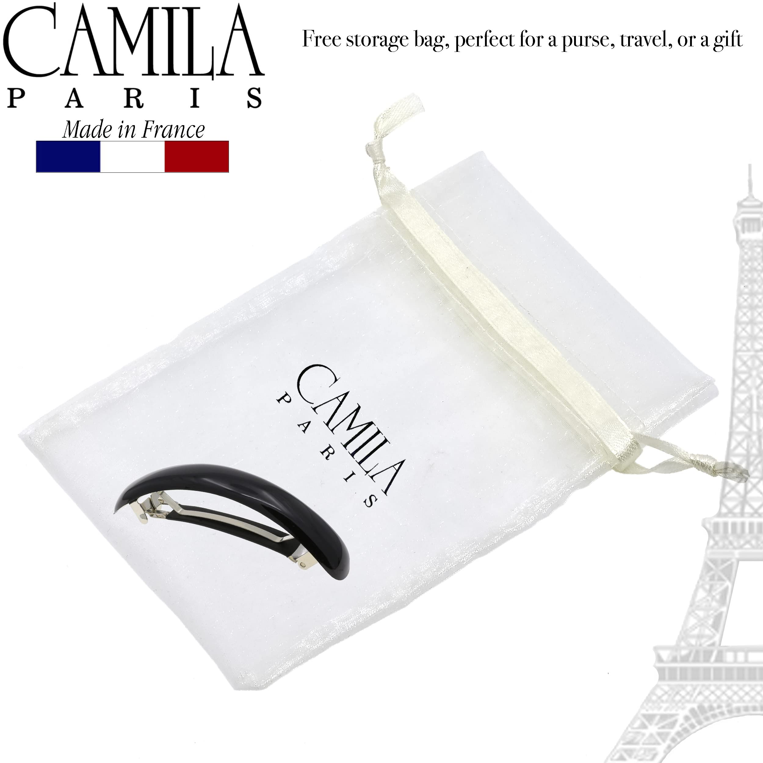 Camila Paris barrette beside ruler to show 3.5-inch size for volume coverage
