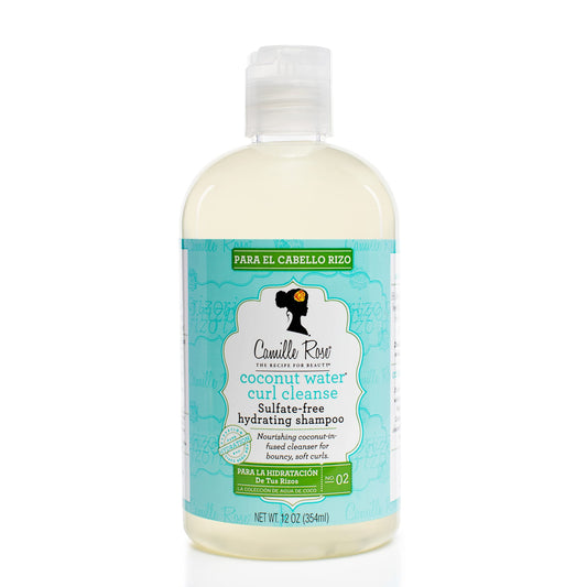 Camille Rose front bottle of Coconut Water Curl Cleanse showing product benefit hydration