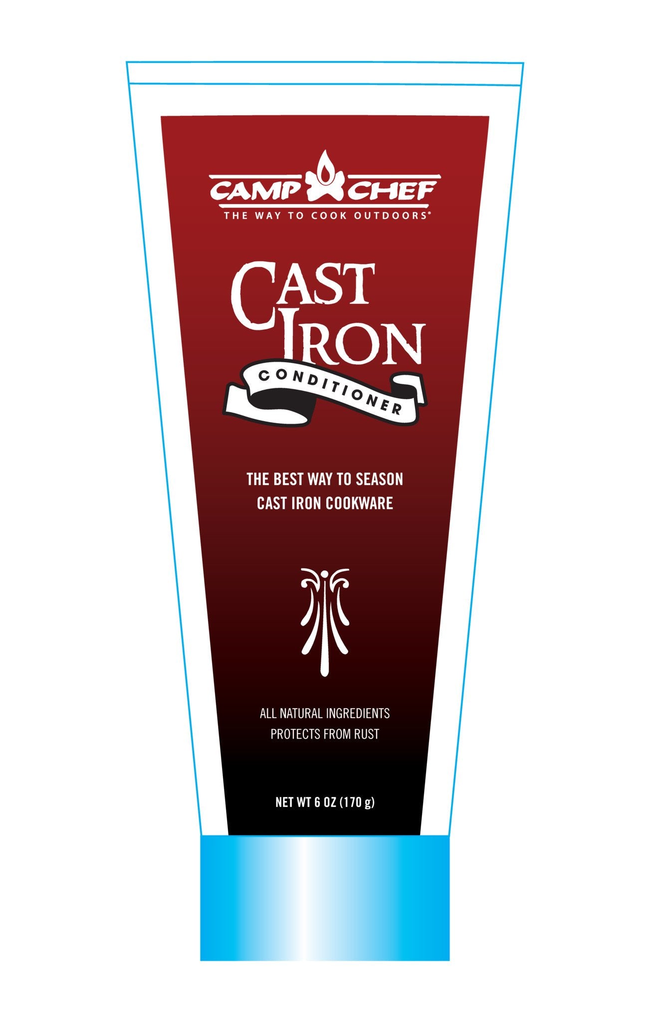 Camp Chef conditioner bottle beside spatula showing compact size and scale