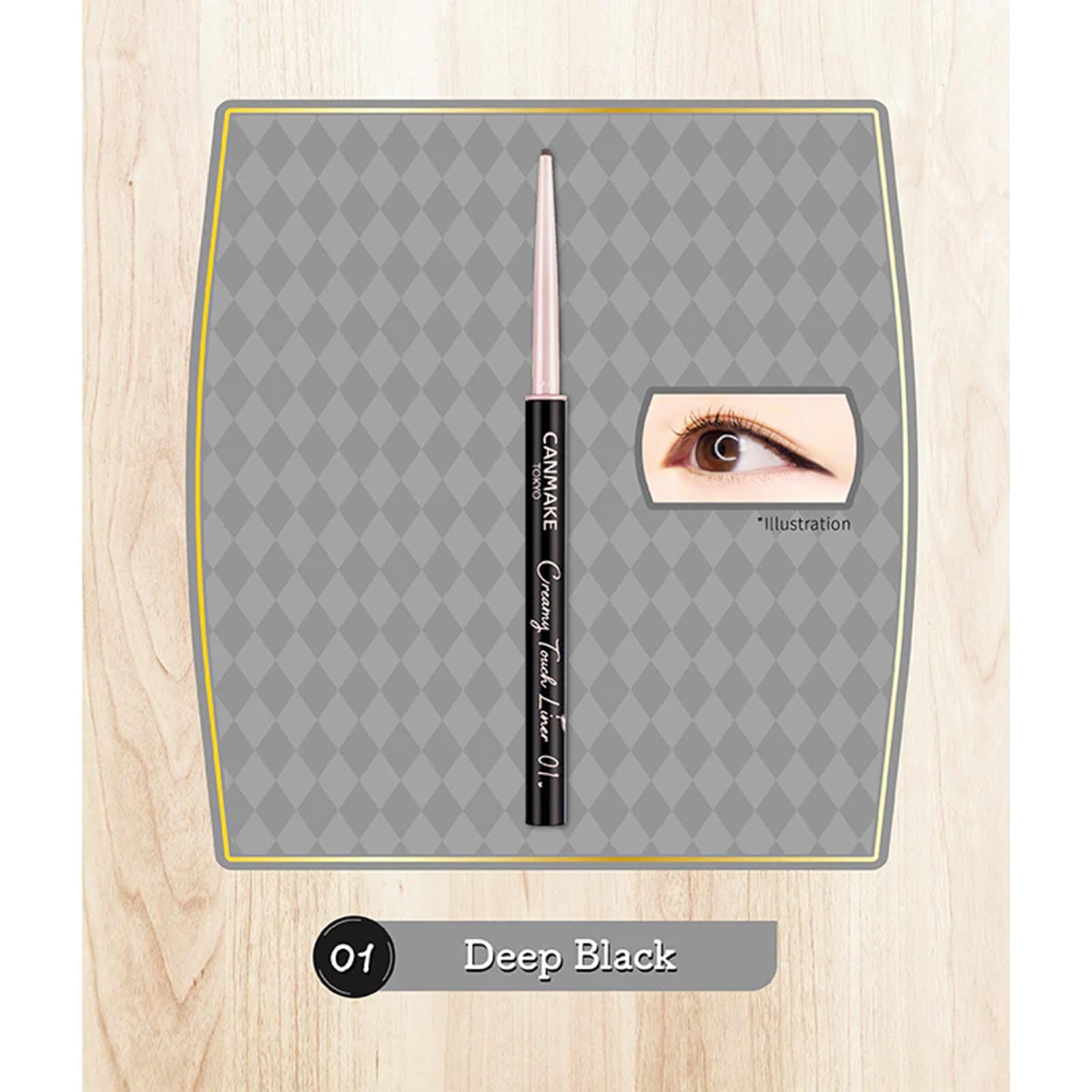 CANMAKE eyeliner swatch on skin showing deep black pigment and glossy finish for bold color