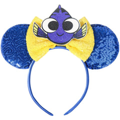 CANMIL blue headband front view showing sparkly ears and themed bow for playful styling
