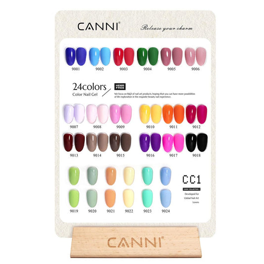 CANNI color bottles lined up to display true gel shades for quick choice
