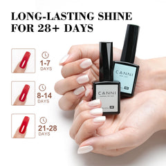 CANNI cured nails reflecting mirror-like shine and long-lasting wear on finished manicure