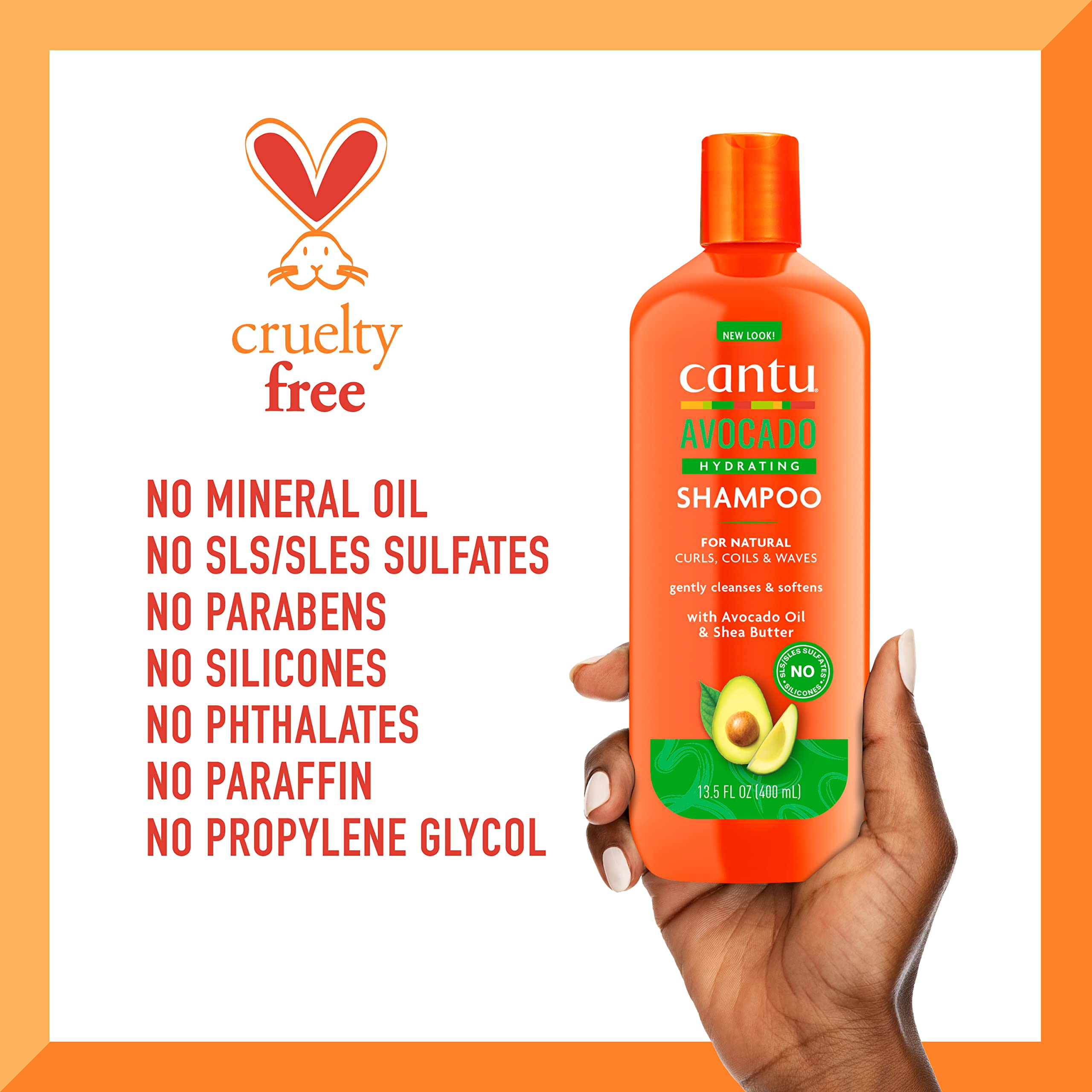 Cantu bottle with avocado and shea butter showing natural ingredients