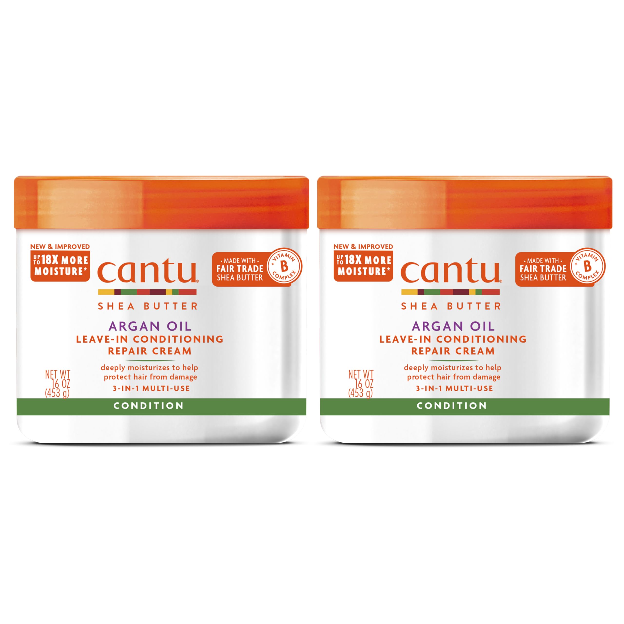 Cantu front packaging showing two 16 oz tubs and clear product benefits
