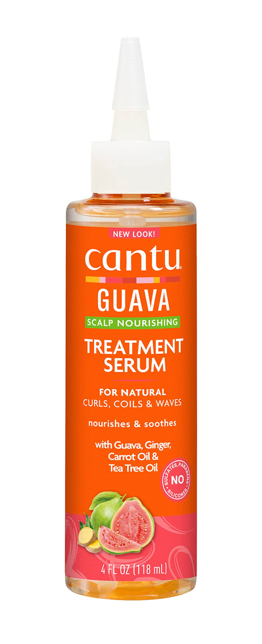 Cantu guava & ginger scalp serum bottle front view shows product and benefits