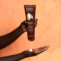 Cocoa butter ingredient display with Cantu branding and deep hydration benefit