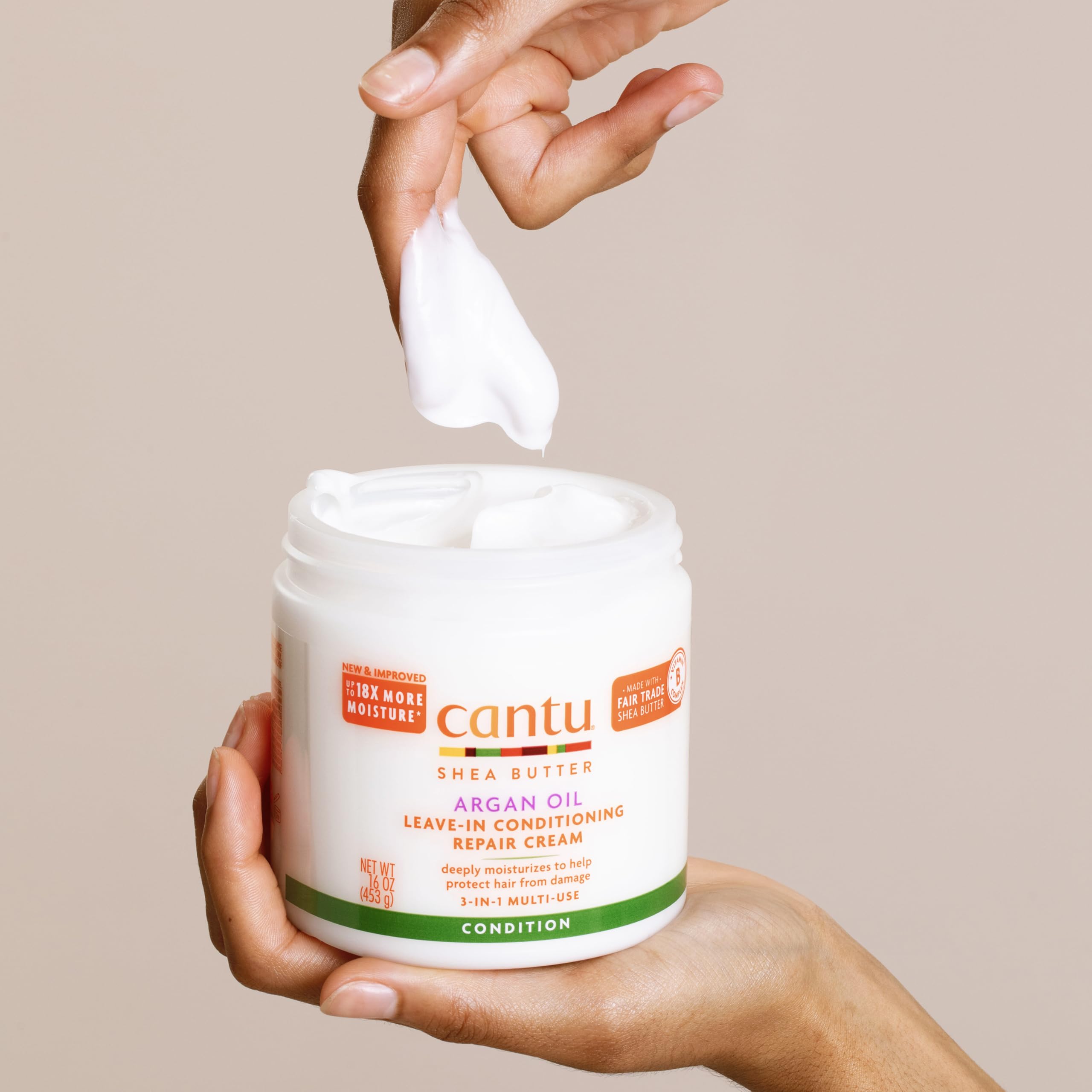 Cantu label close-up displaying ingredient claims and worry-free formula