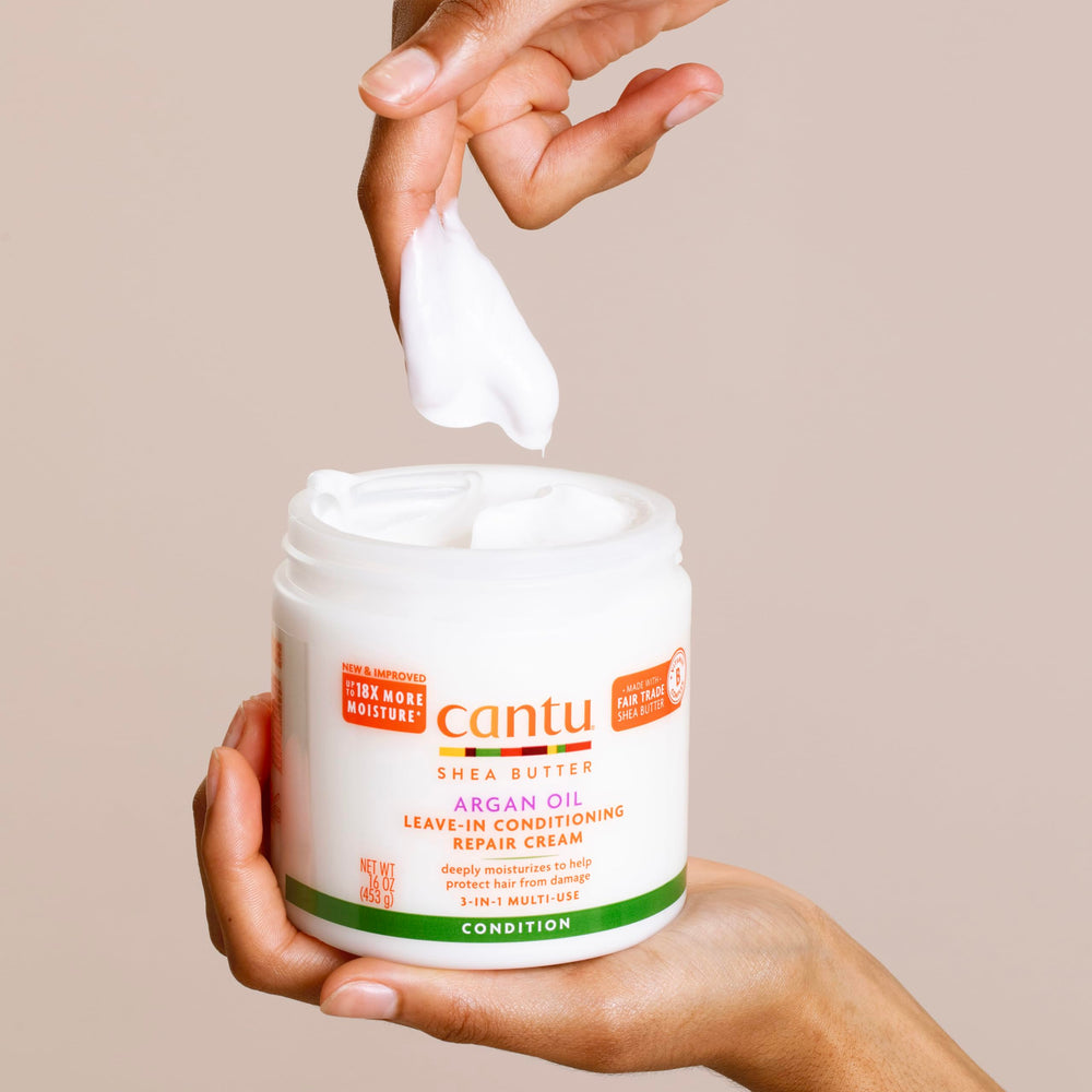 Cantu label close-up displaying ingredient claims and worry-free formula