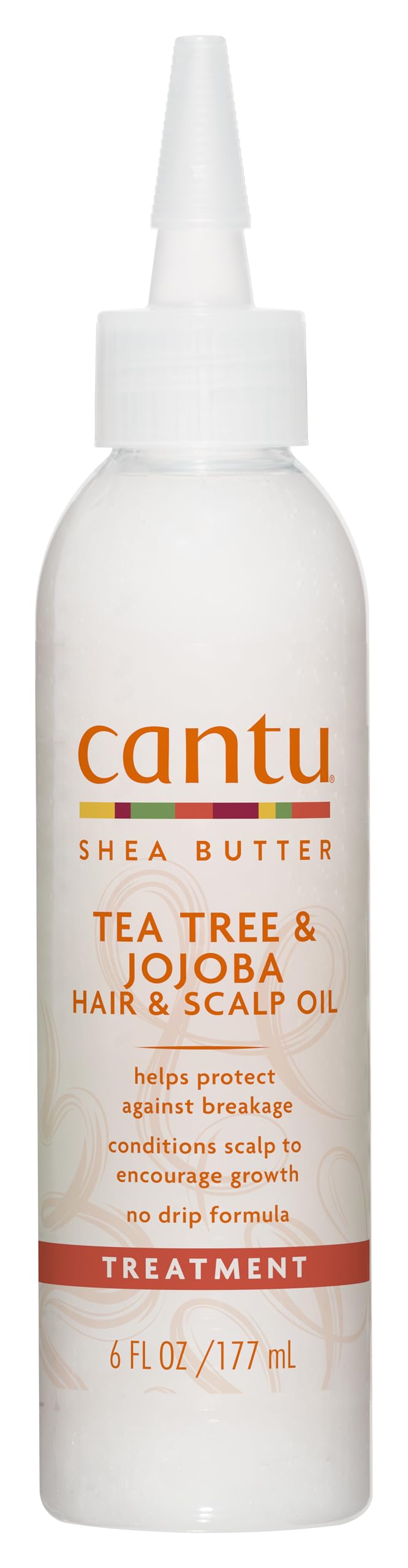 Cantu bottle front view showing label and no-drip texture for controlled application