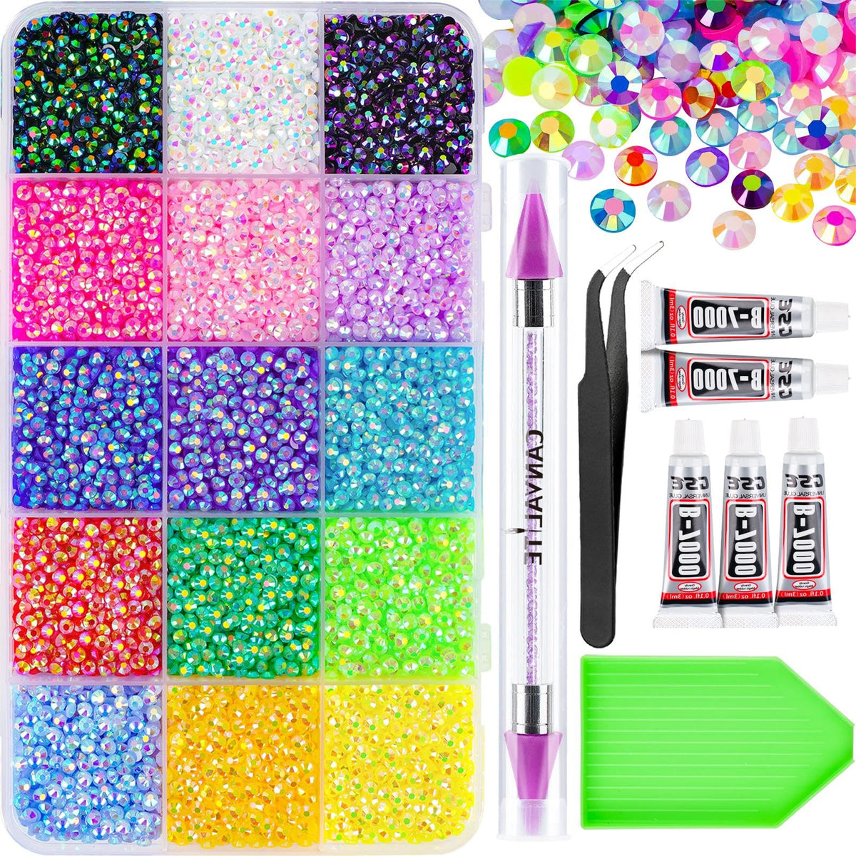 CANVALITE front packaging showing 18000 rhinestones and kit contents for instant crafting