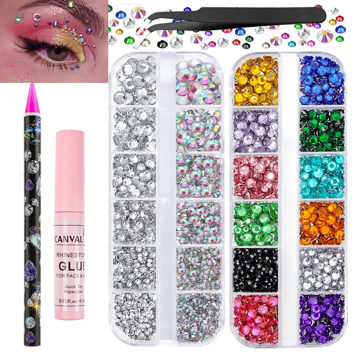 CANVALITE front packaging showing full rhinestone kit and tools for quick crafting benefit