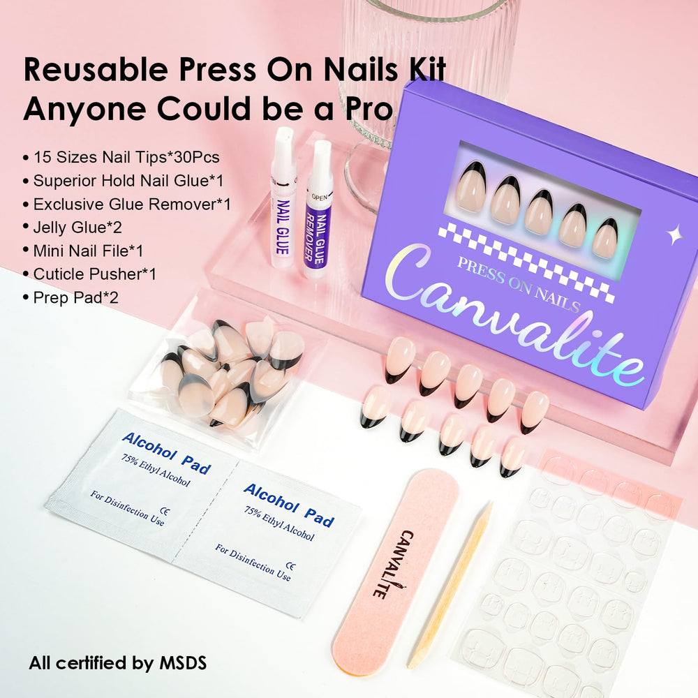 CANVALITE nails held in hand demonstrating short almond scale and fit