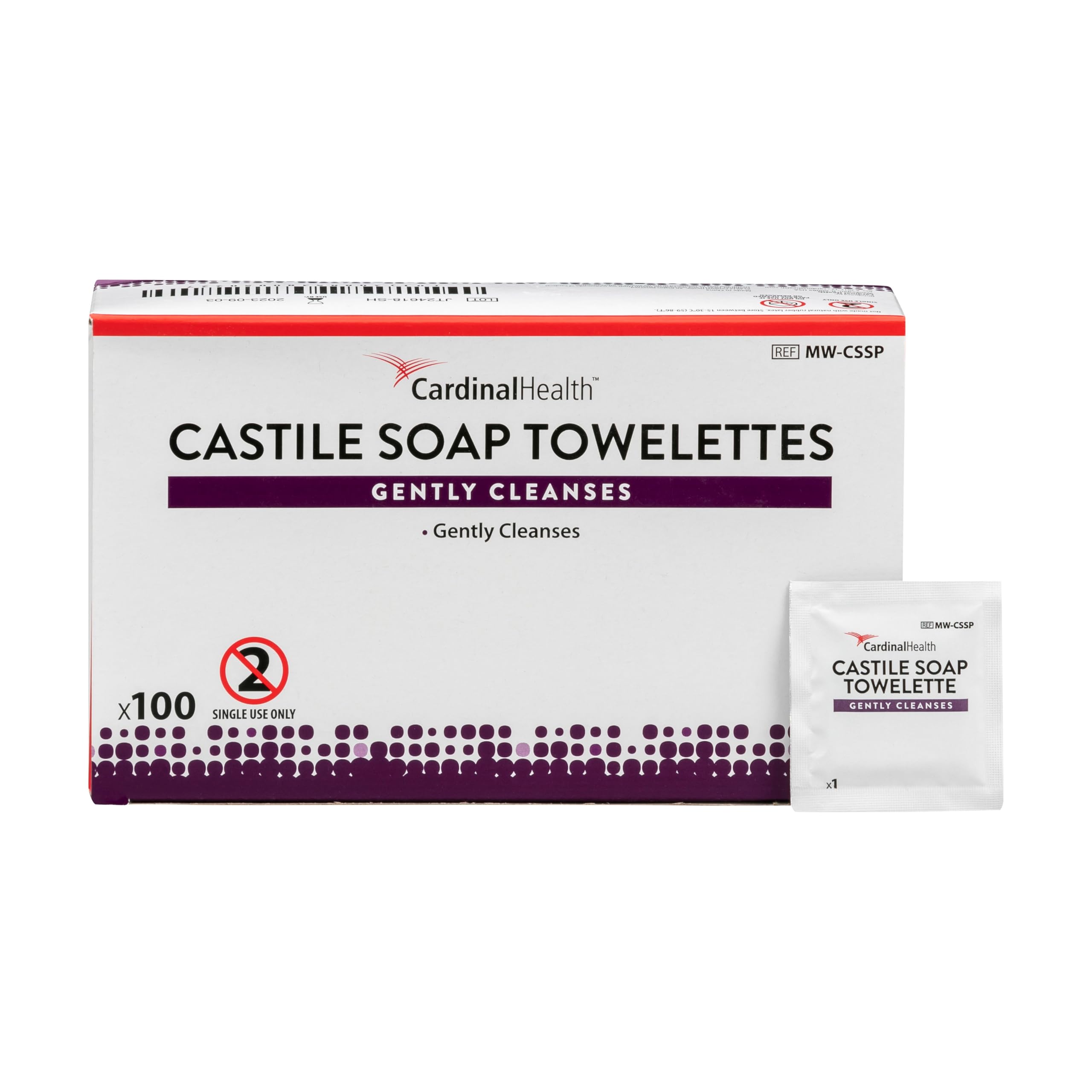 Cardinal Health single-use towelette pouch showing seal and clean-use benefit