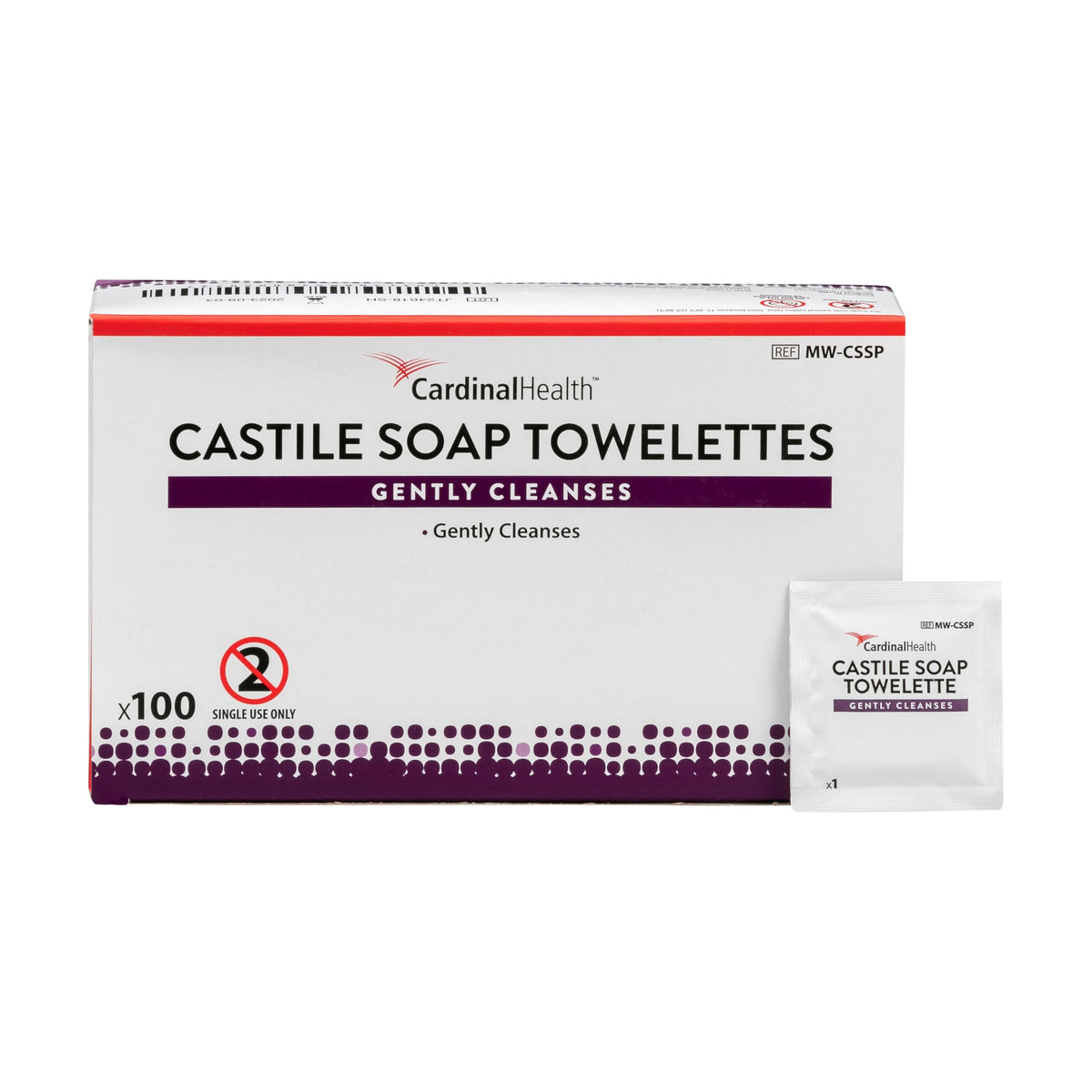 Cardinal Health single-use towelette pouch showing seal and clean-use benefit