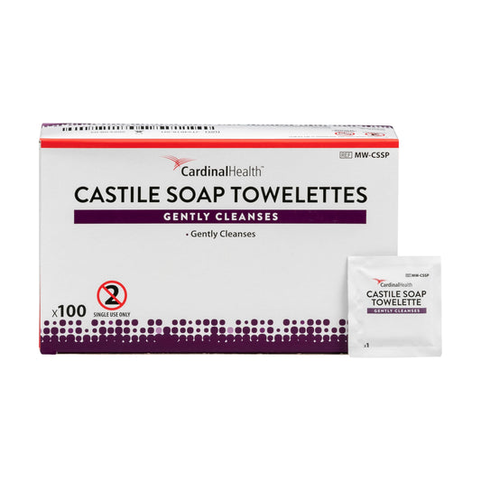 Cardinal Health single-use towelette pouch showing seal and clean-use benefit