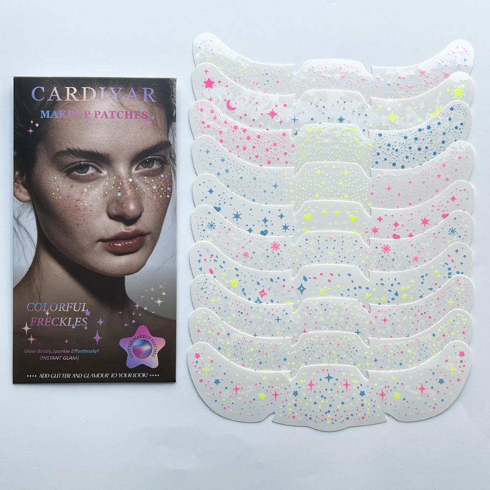 Cardiyar front packaging showing 24 gold glitter freckles, enhances festival looks