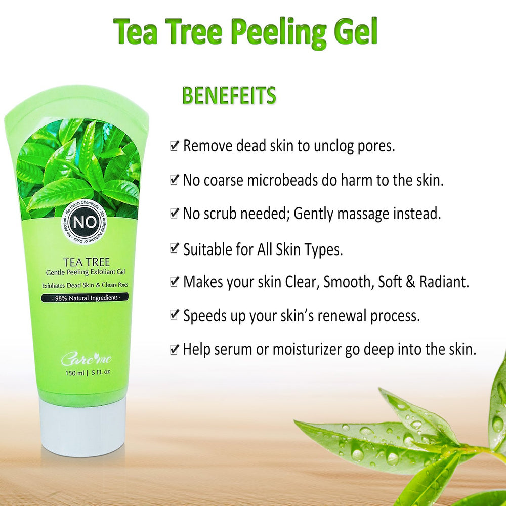 Care me product label with tea tree and glycolic highlights for soothing and renewal benefit