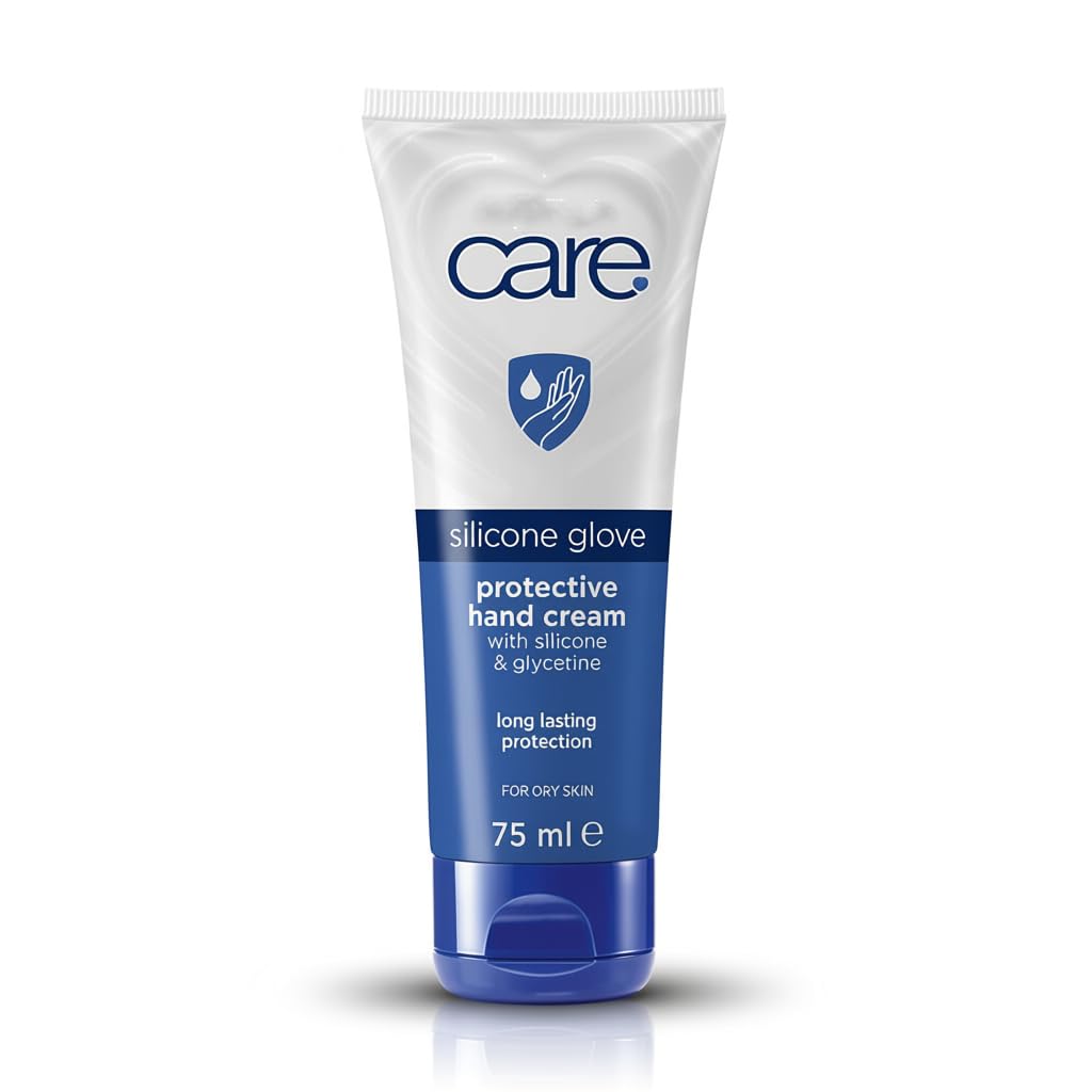 Care silicone glove front tube showing label and compact size for travel