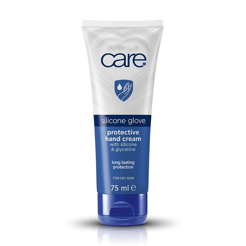 Care silicone glove front tube showing label and compact size for travel