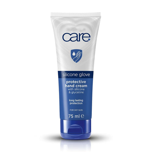 Care silicone glove front tube showing label and compact size for travel