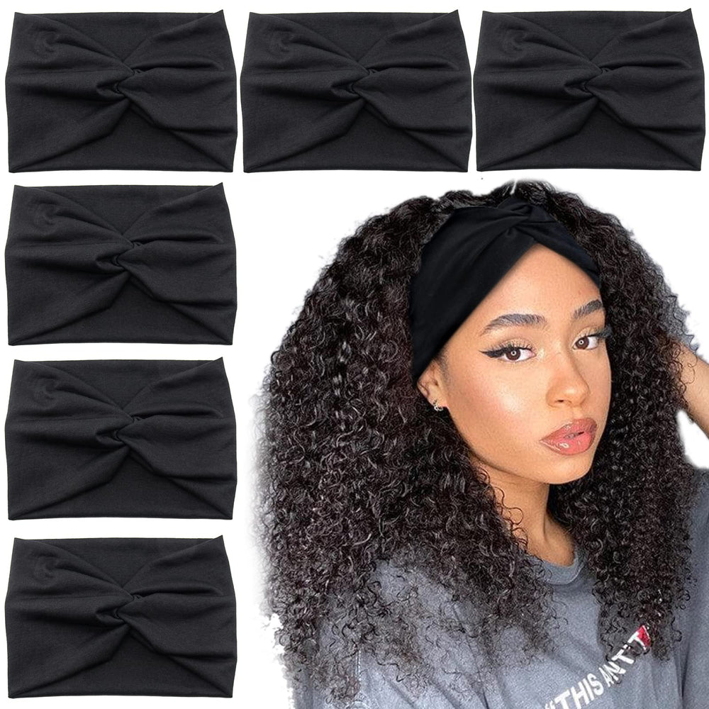 Carede front view of six black headbands showing neat knot and sleek finish, versatile styling benefit