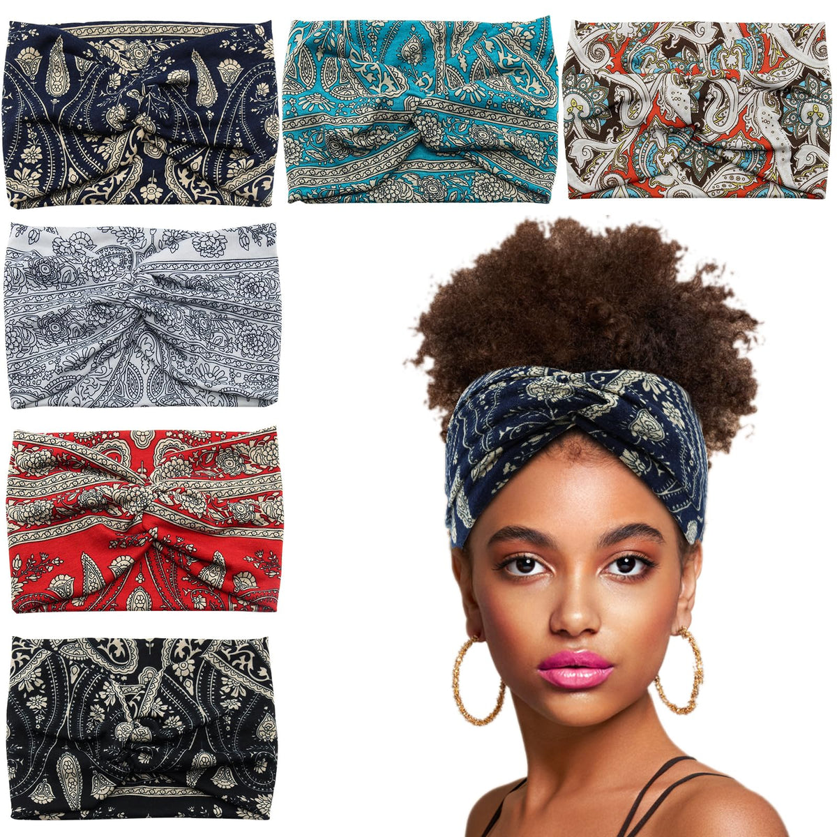 Carede front view of pack of six colorful headbands showing variety and value