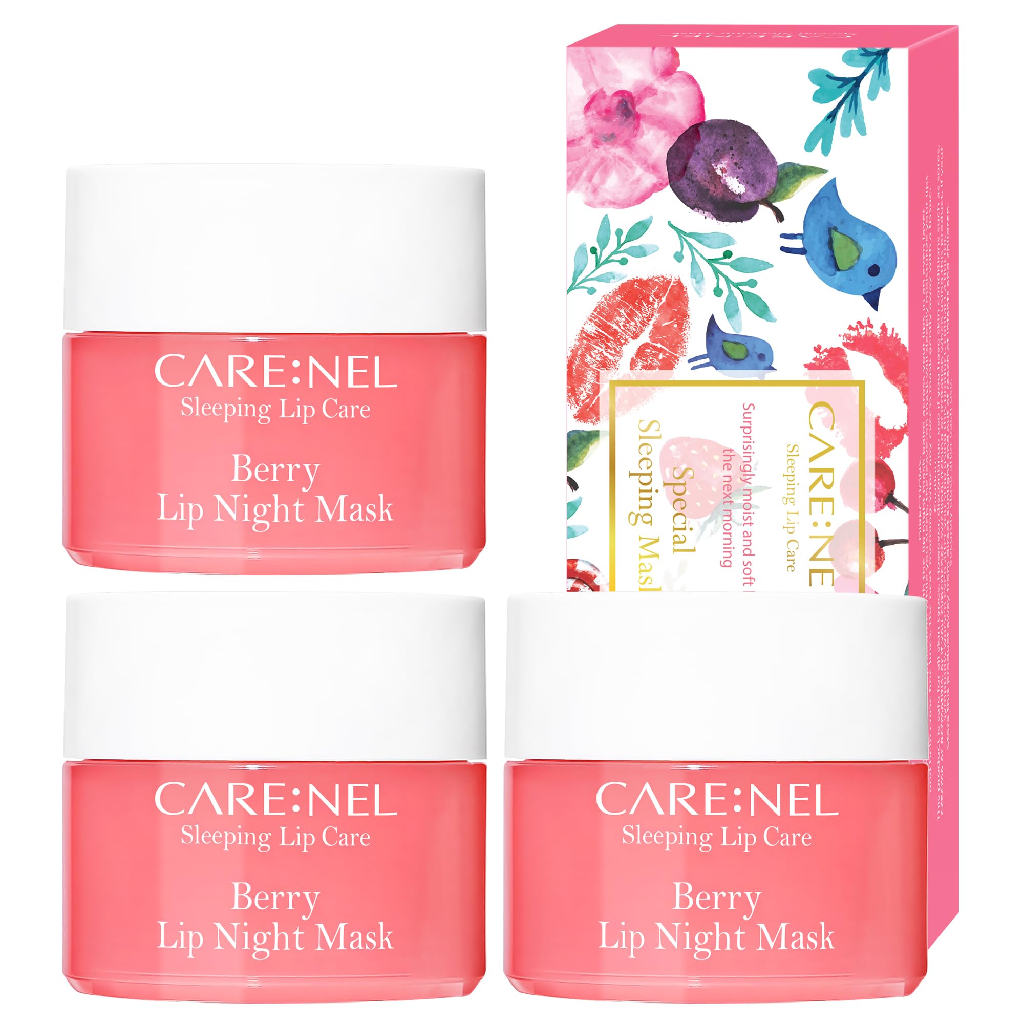 CARENEL berry trio front packaging showing three 5g pots for travel-friendly hydration
