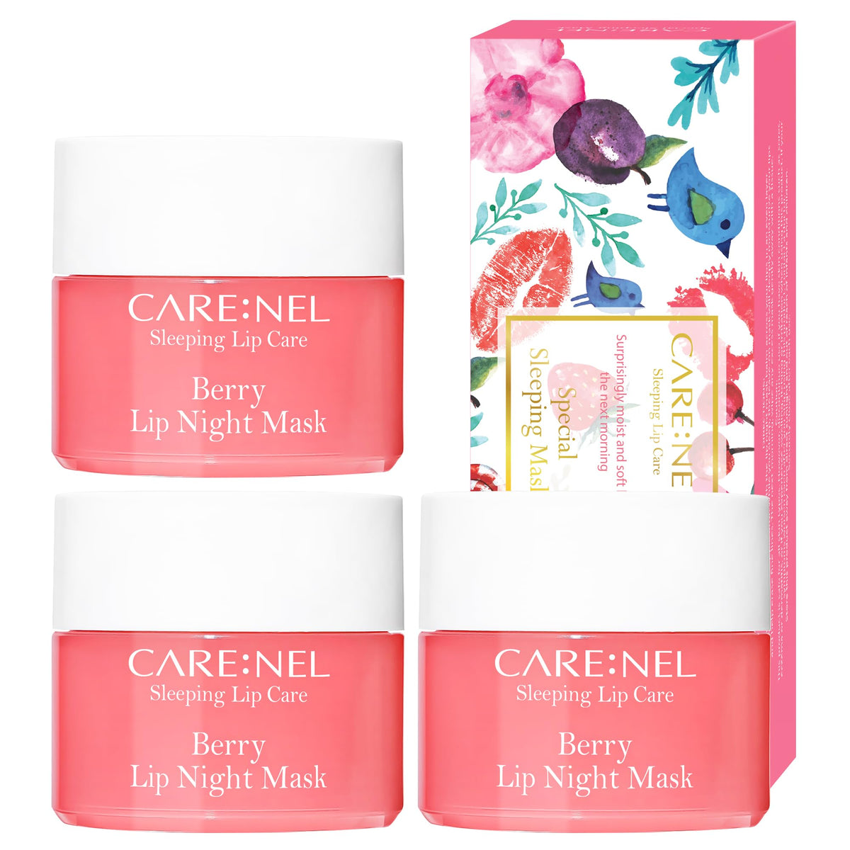 CARENEL berry trio front packaging showing three 5g pots for travel-friendly hydration