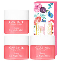 CARENEL berry trio front packaging showing three 5g pots for travel-friendly hydration