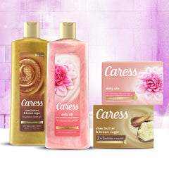 Caress bottle size comparison next to soap showing large 25.4 oz value