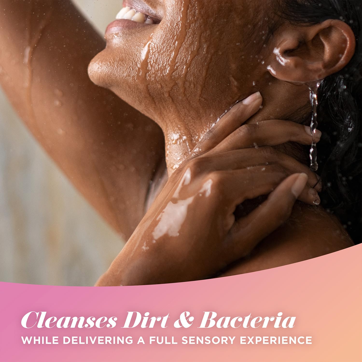 Caress in-hand use under shower, shows easy application and soft skin benefit
