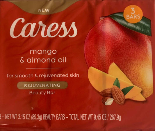 Caress mango and almond oil front packaging showing three bars, nourishes skin