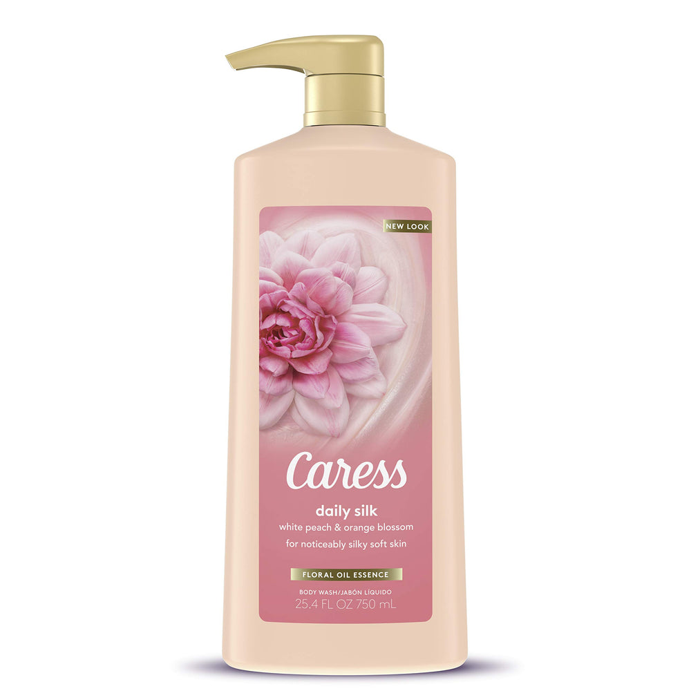 Caress pump bottle front showing label and 25.4 oz size benefit of easy dispensing