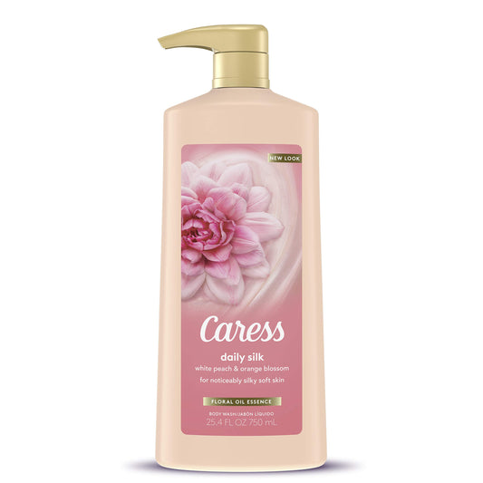 Caress pump bottle front showing label and 25.4 oz size benefit of easy dispensing
