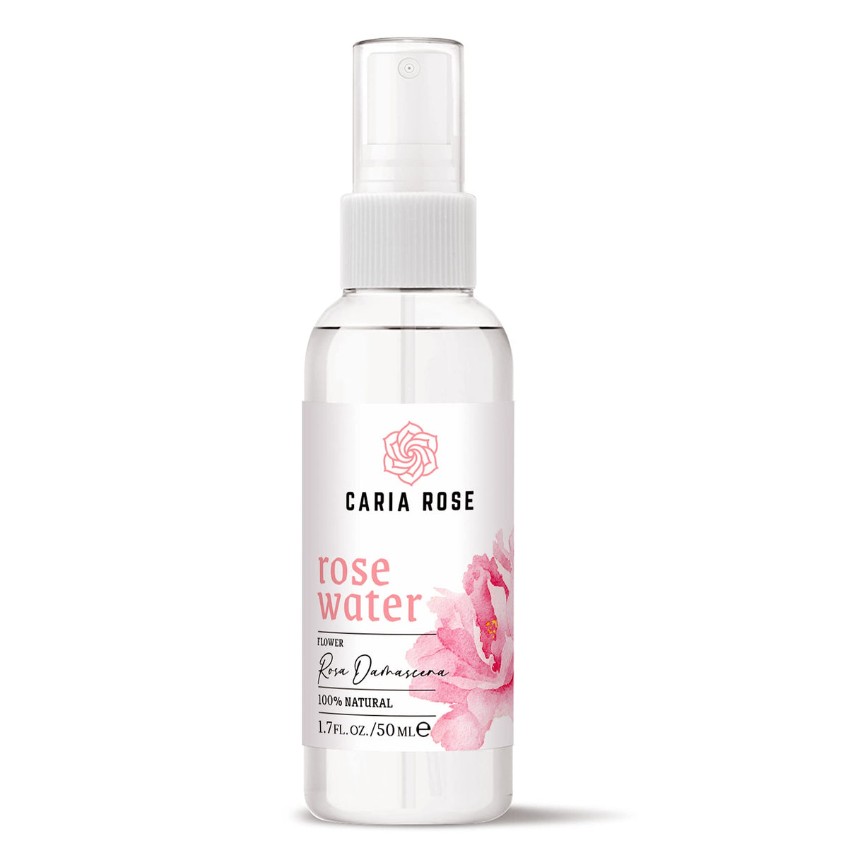 caria rose front packaging showing travel-size bottle and label, pure hydration