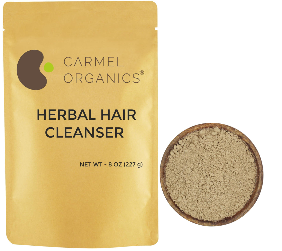 CARMEL ORGANICS front label of 8 ounce herbal hair cleanser showing product name and benefits