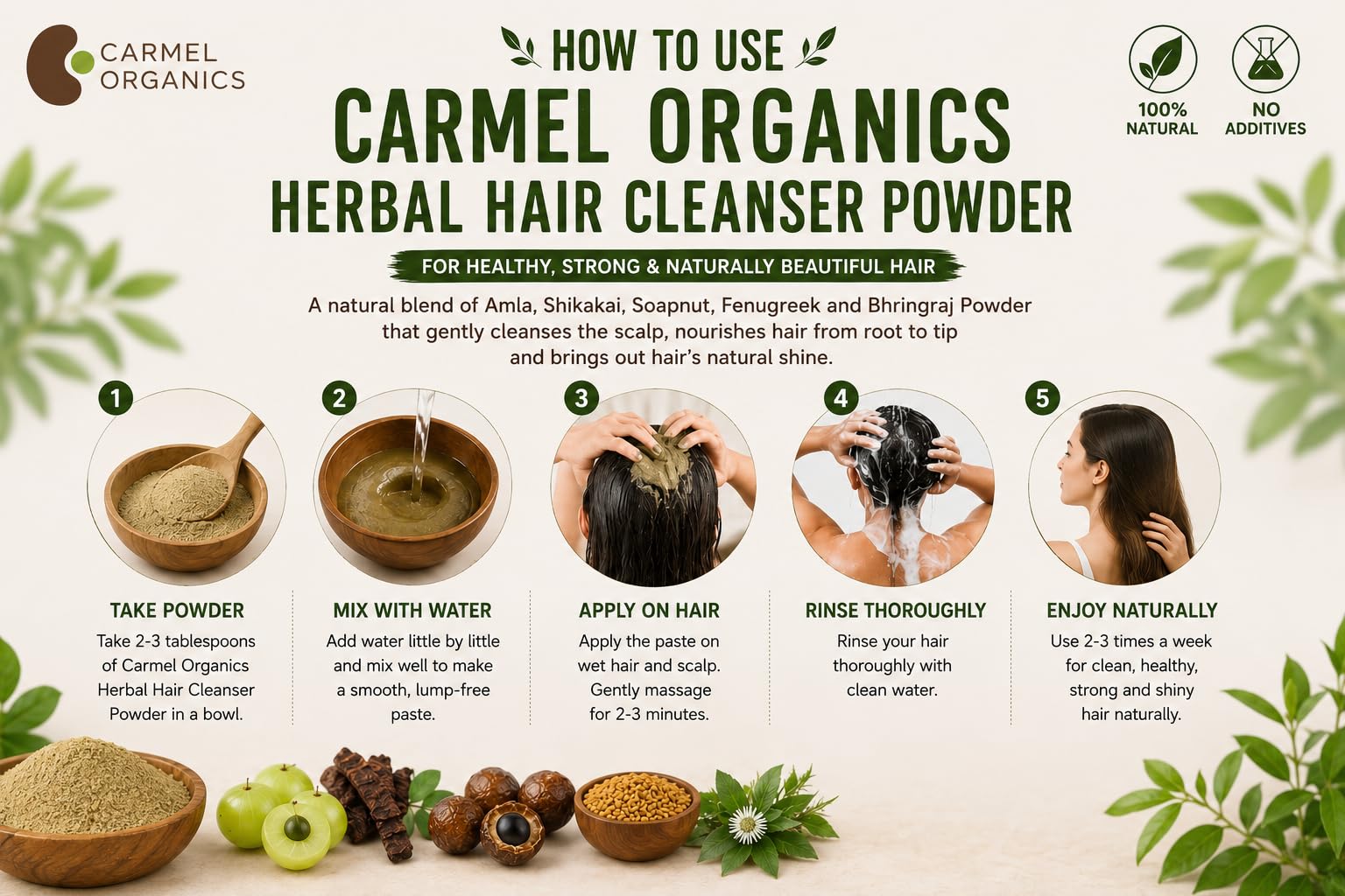 CARMEL ORGANICS individual ingredients in bowls including amla shikakai soapnut for clarity