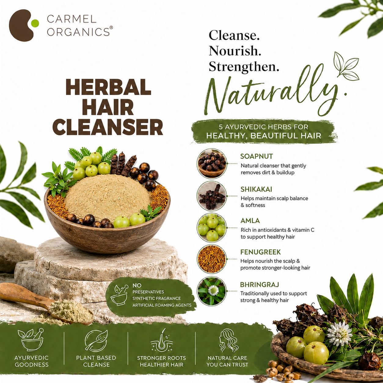 CARMEL ORGANICS powder held in palm to demonstrate 8 ounce size and single-use portioning
