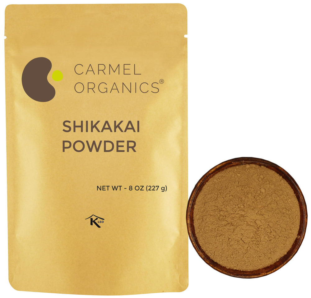 CARMEL ORGANICS front pouch showing shikakai powder and branding benefits