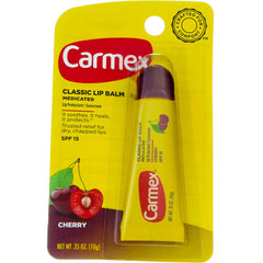 Carmex cherry in-use application on lips for instant hydration