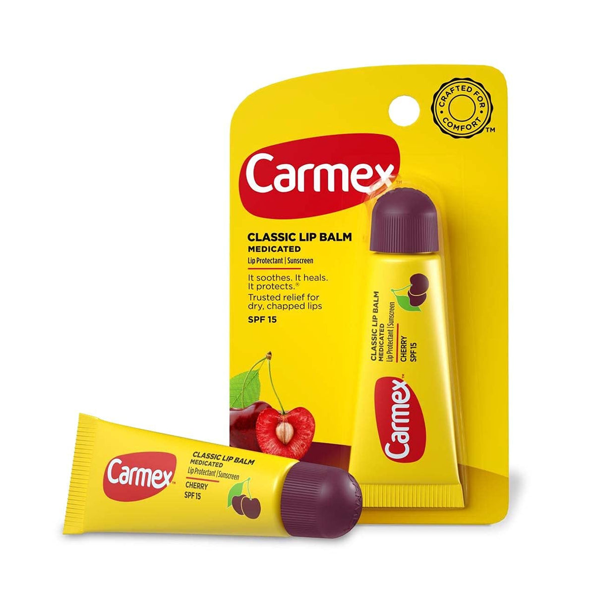 Carmex cherry front packaging showing three tubes and SPF benefits