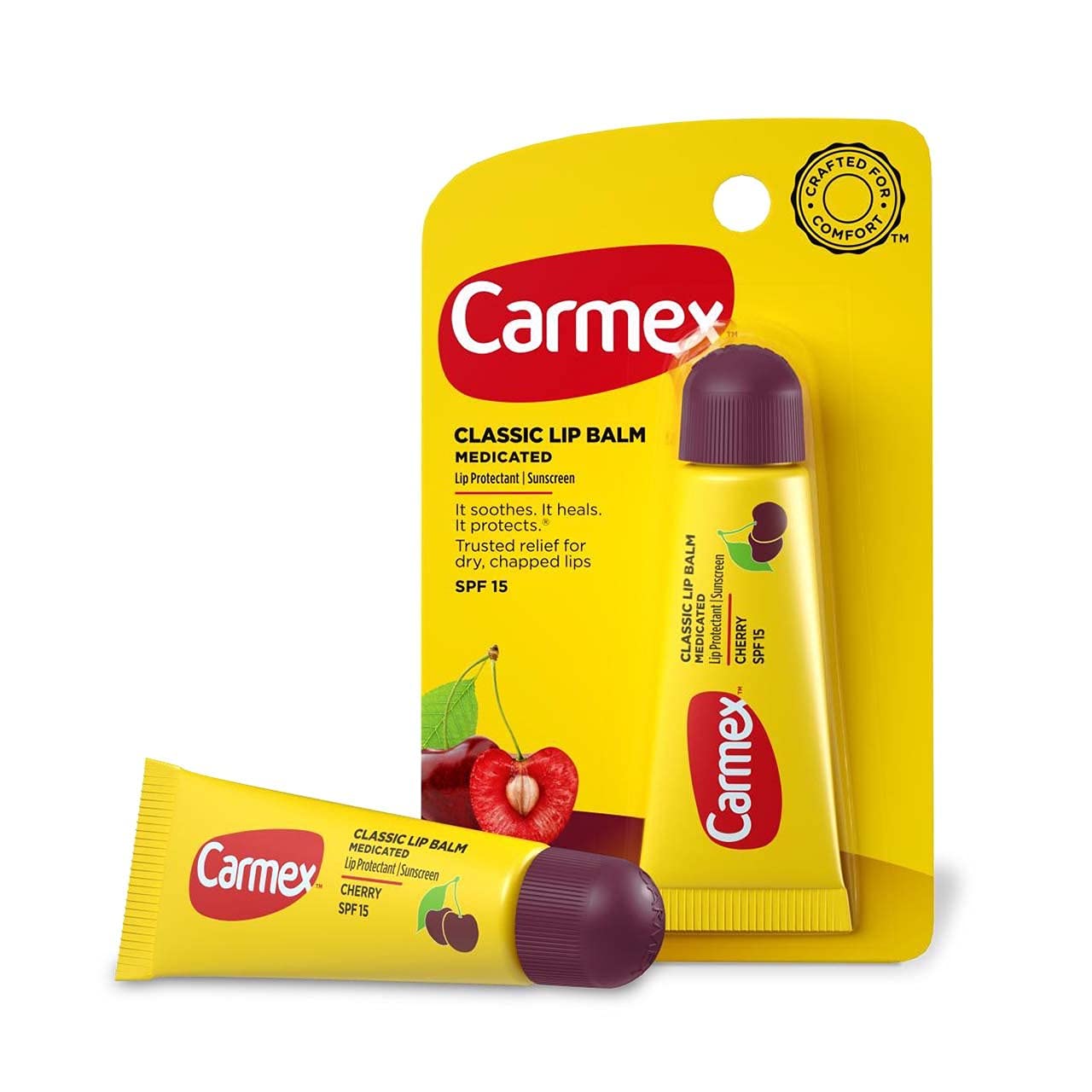 Carmex cherry tube close-up texture demonstrating smooth, soothing balm