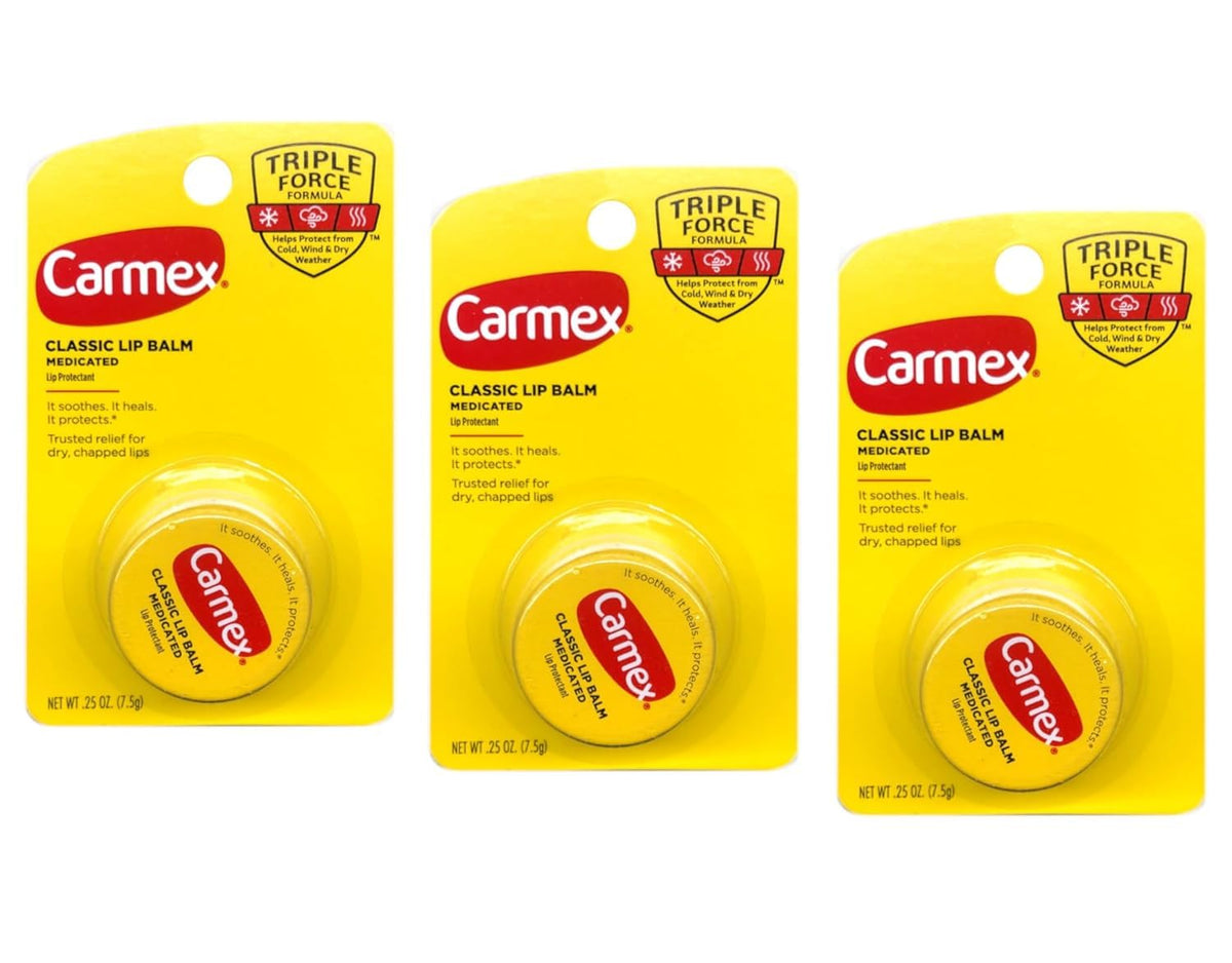 Carmex tub front view showing compact medicated balm for on-the-go relief