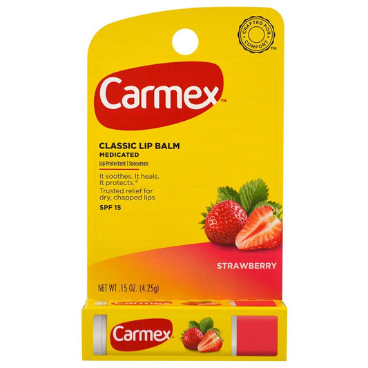 Carmex Click-Stick strawberry front packaging showing twin pack and SPF benefit